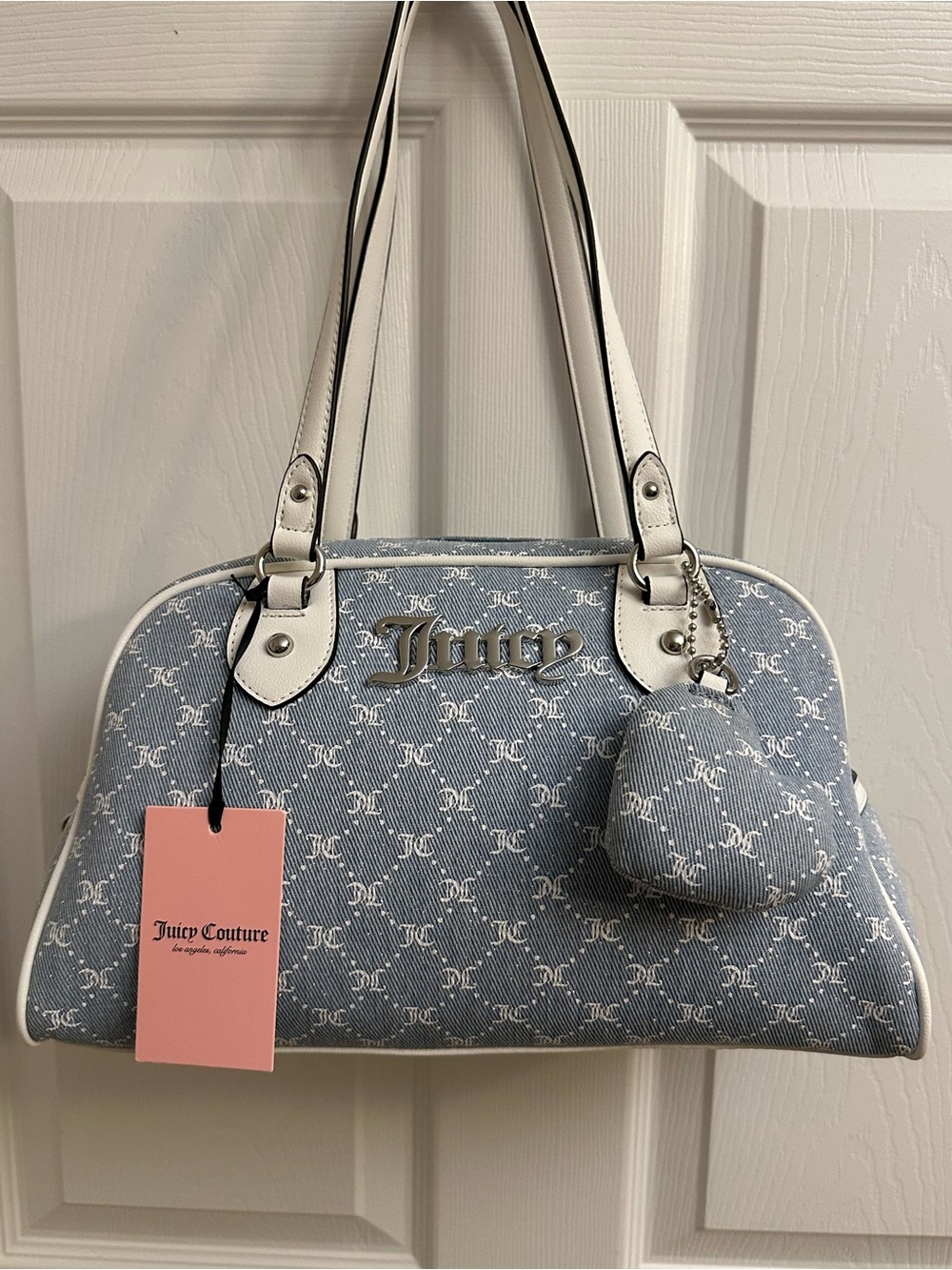 Juicy Couture Light Blue Denim Logo Shoulder Bag with White Trim & Heart Charm